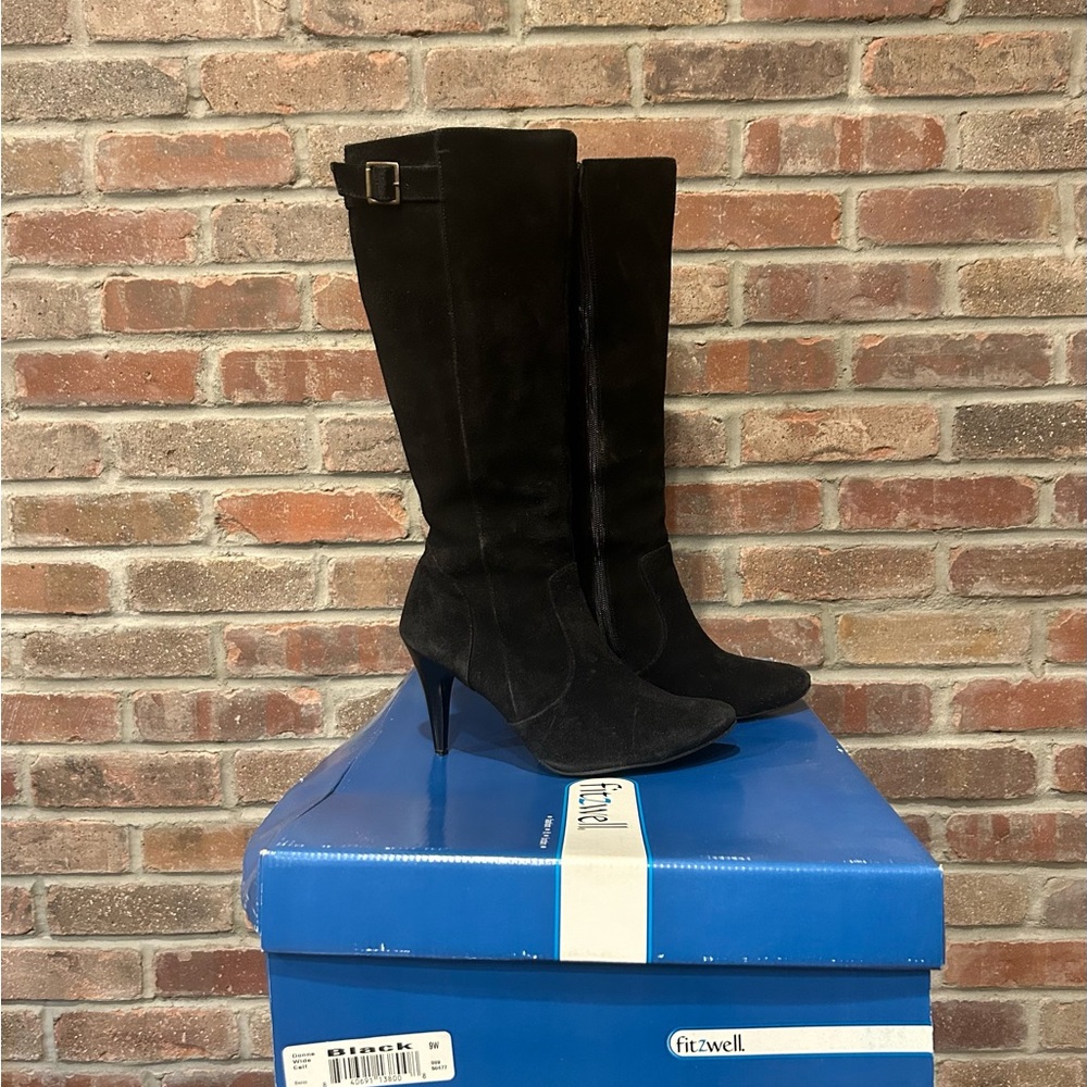 Fitzwell Black Suede Knee High Wide Calf Boots, Size 9, 3 3/4 Heel